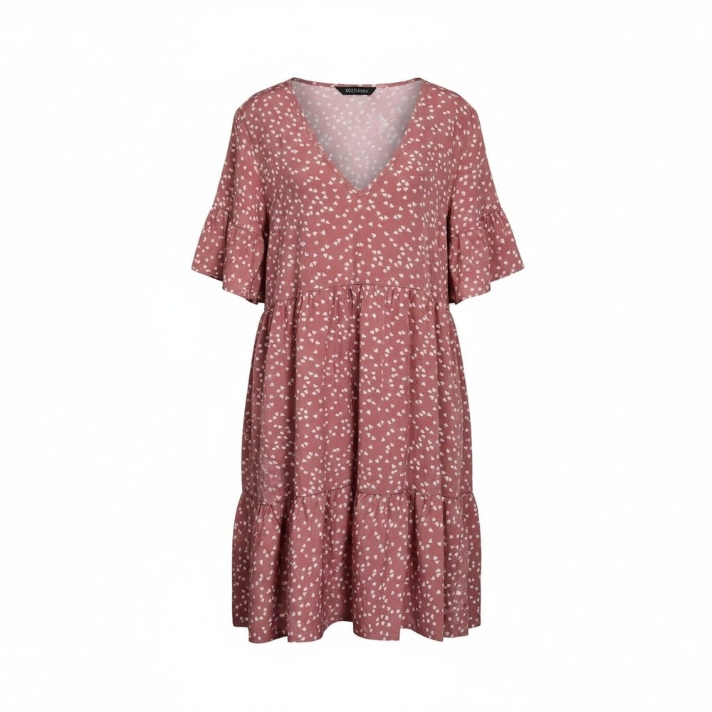 Shein Curve Pink Heart Print Babydoll Dress V-Neck‎ Ruffle Sleeve 1XL Plus Size